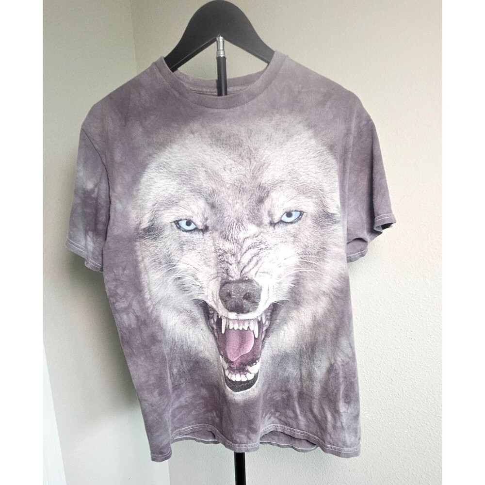 3D Tees Wolf Graphic T Shirt Mens Medium Gray Tie Dye Blue Eyes Animal Face Tee